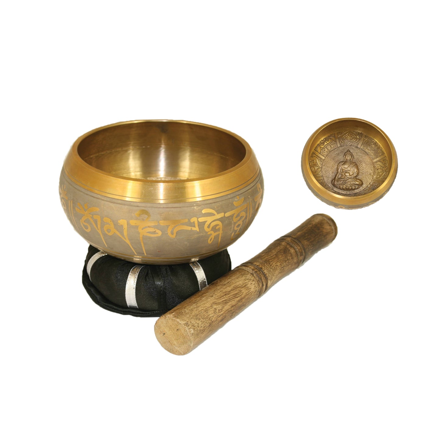 Tibetan Singing Bowl w/ Cushion & Stick - Large Gold Buddha