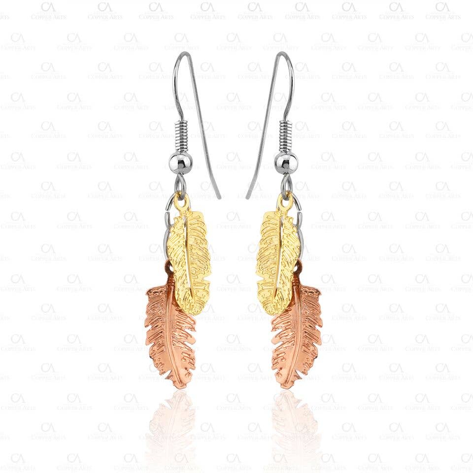 TS 162 Dangle Gold and Copper Feather Earrings