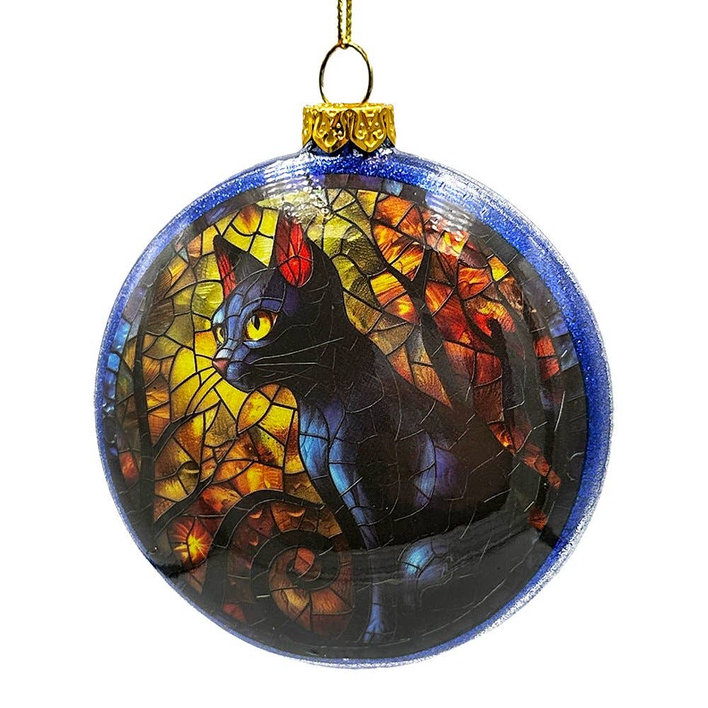 Witch and Black Cat Stained Glass Handblown Ornament