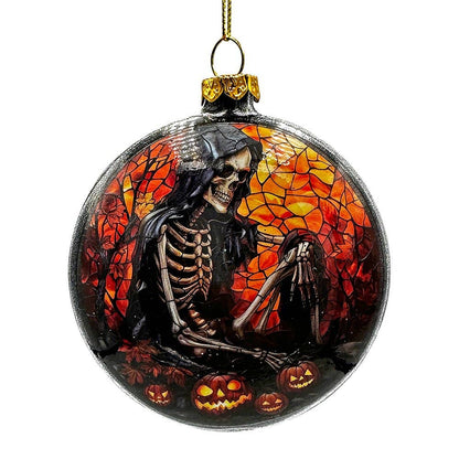 Creepy Stained Glass Skeleton and Raven Haunted Ornament