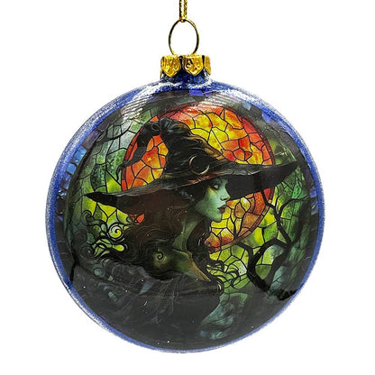 Witch and Black Cat Stained Glass Handblown Ornament