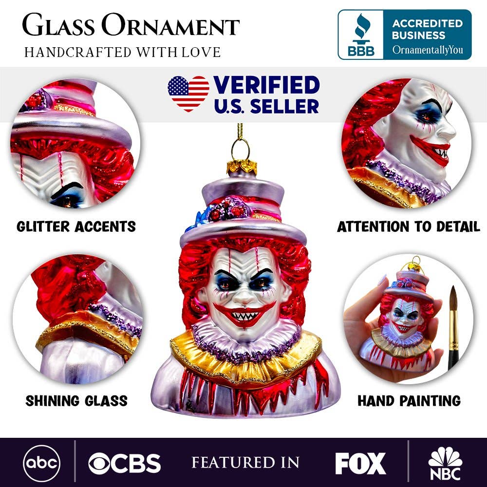 Horror Clown Head Glass Ornament, Halloween Tree Decor