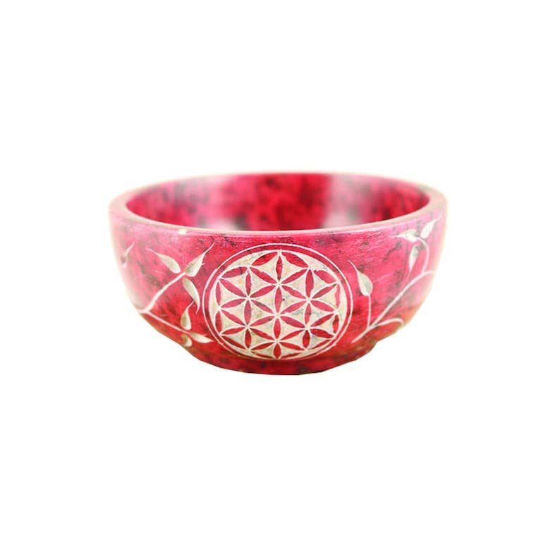 Hand Carved Soapstone Smudge Bowl - Red Flowers