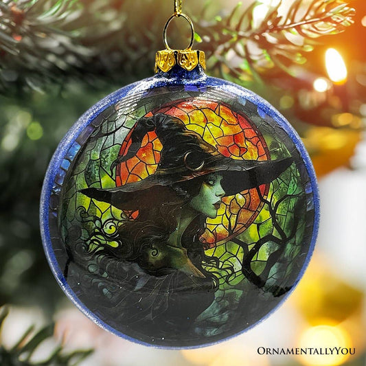 Witch and Black Cat Stained Glass Handblown Ornament