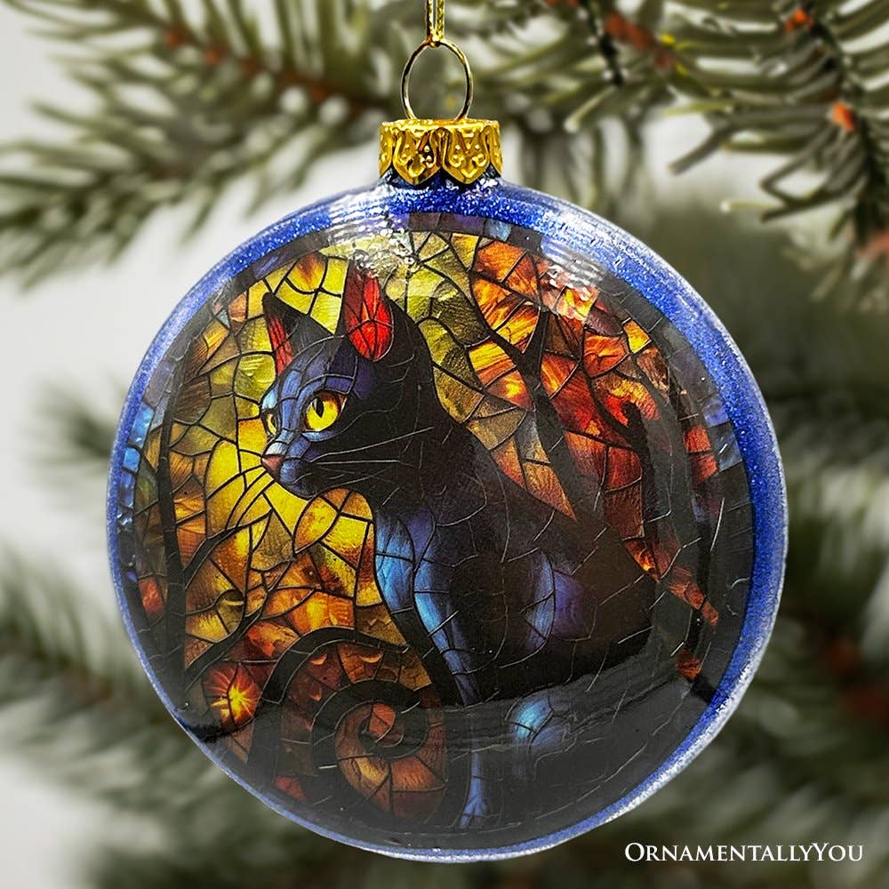 Witch and Black Cat Stained Glass Handblown Ornament