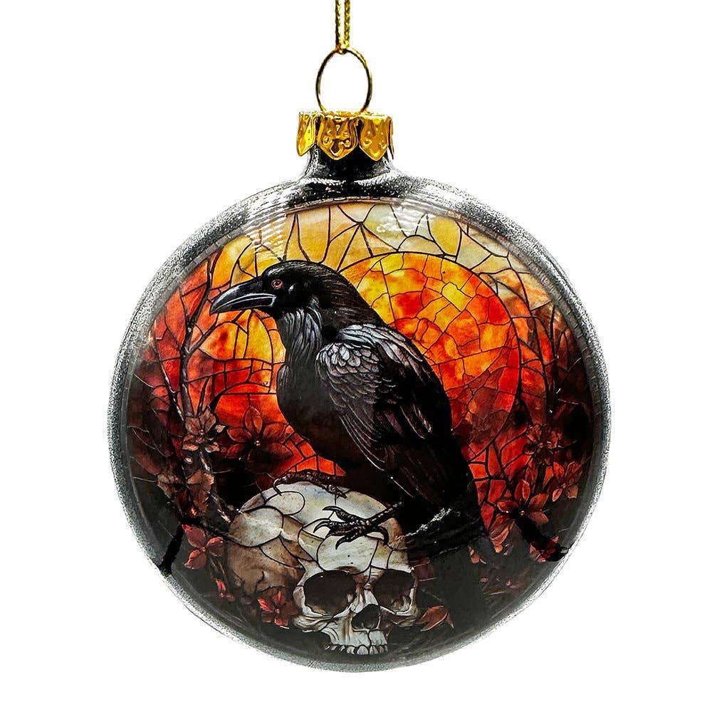 Creepy Stained Glass Skeleton and Raven Haunted Ornament