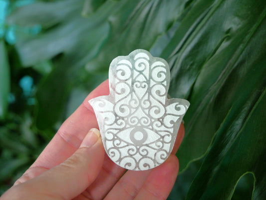 Selenite Engraved Hamsa Hand