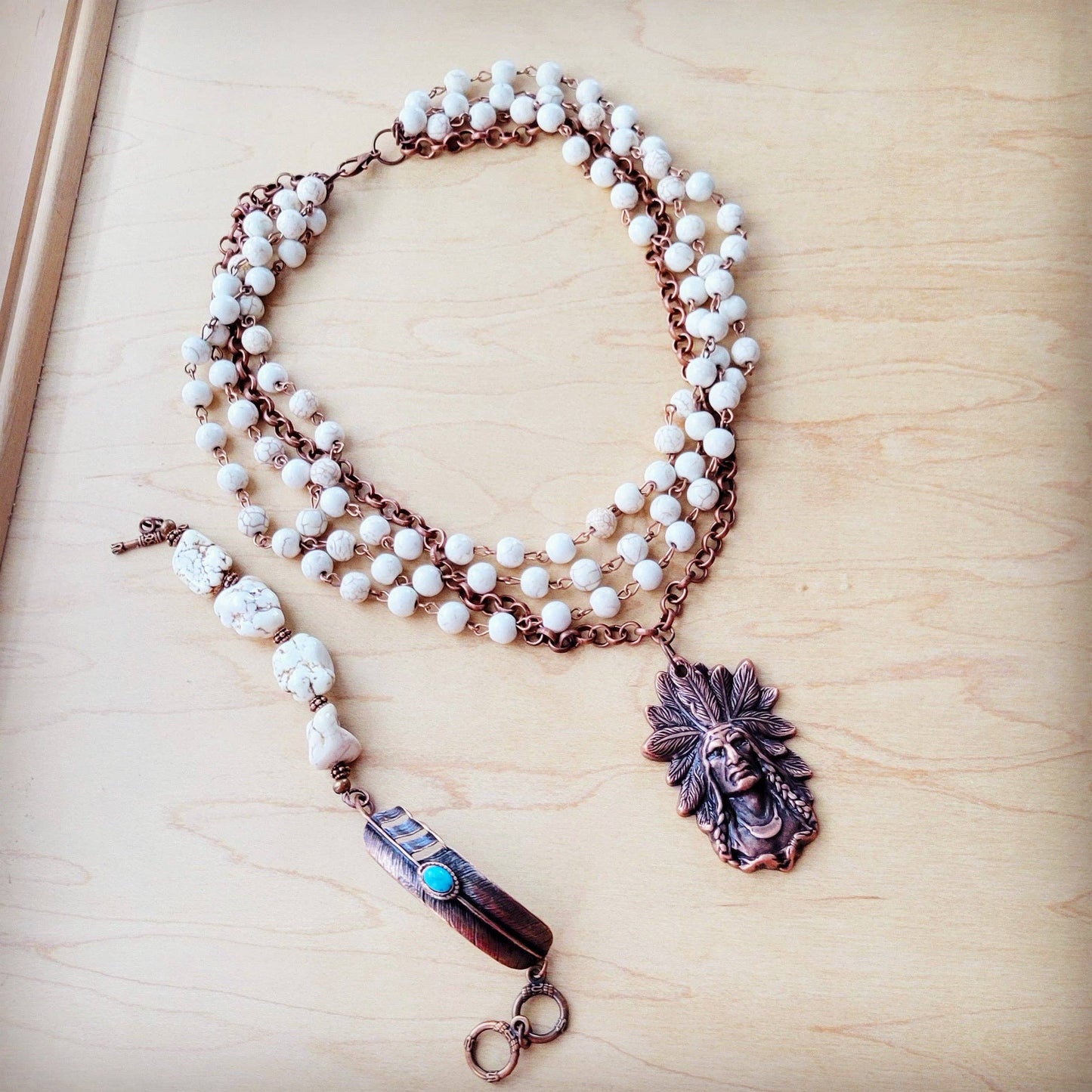 White Chunky Turquoise Beaded Bracelet on Copper Feather 810s