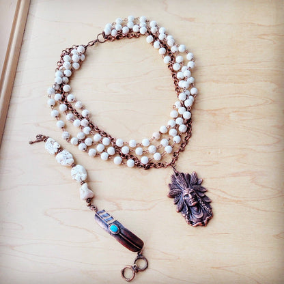White Chunky Turquoise Beaded Bracelet on Copper Feather 810s