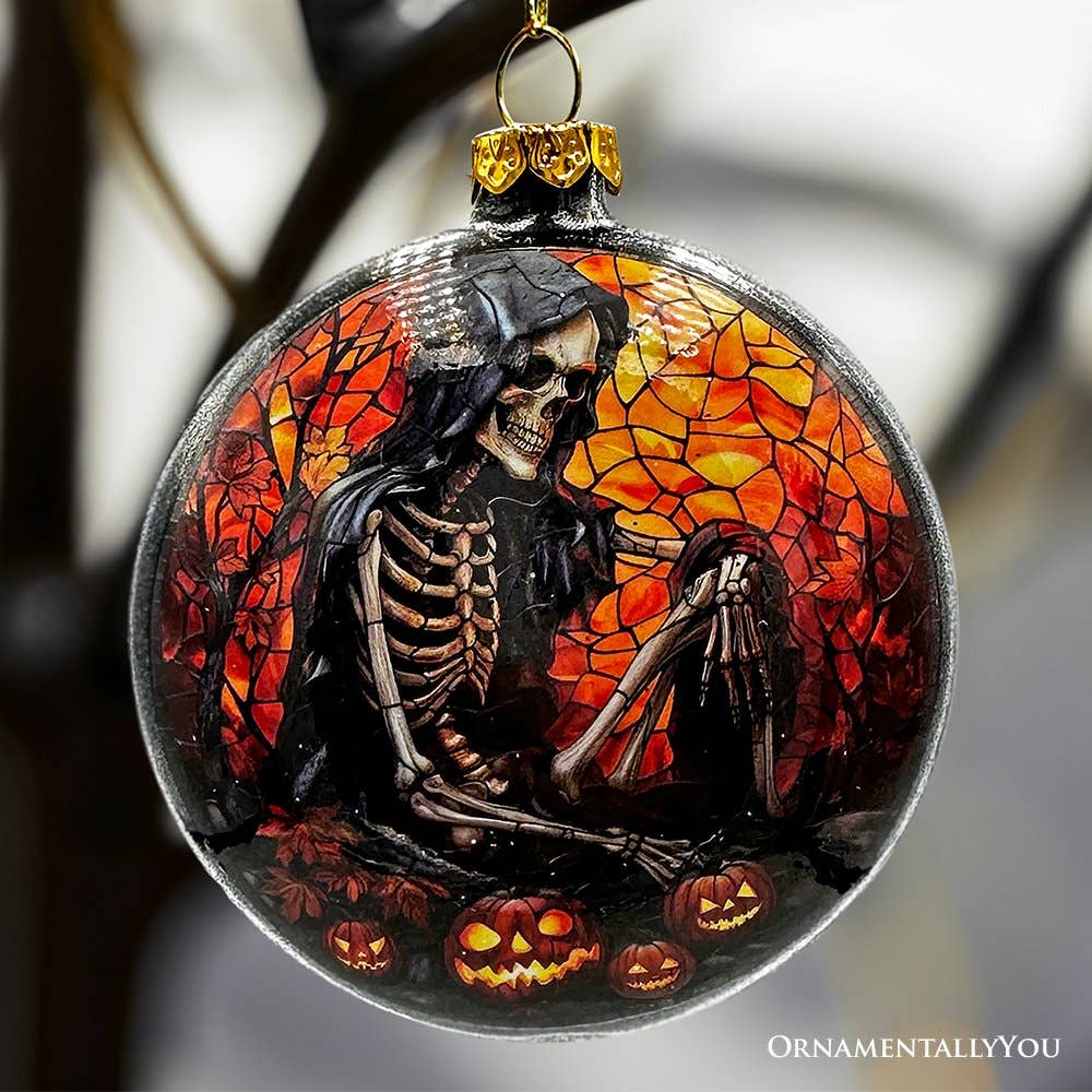 Creepy Stained Glass Skeleton and Raven Haunted Ornament