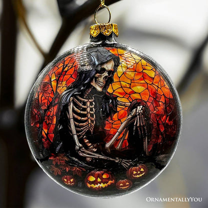 Creepy Stained Glass Skeleton and Raven Haunted Ornament