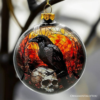 Creepy Stained Glass Skeleton and Raven Haunted Ornament