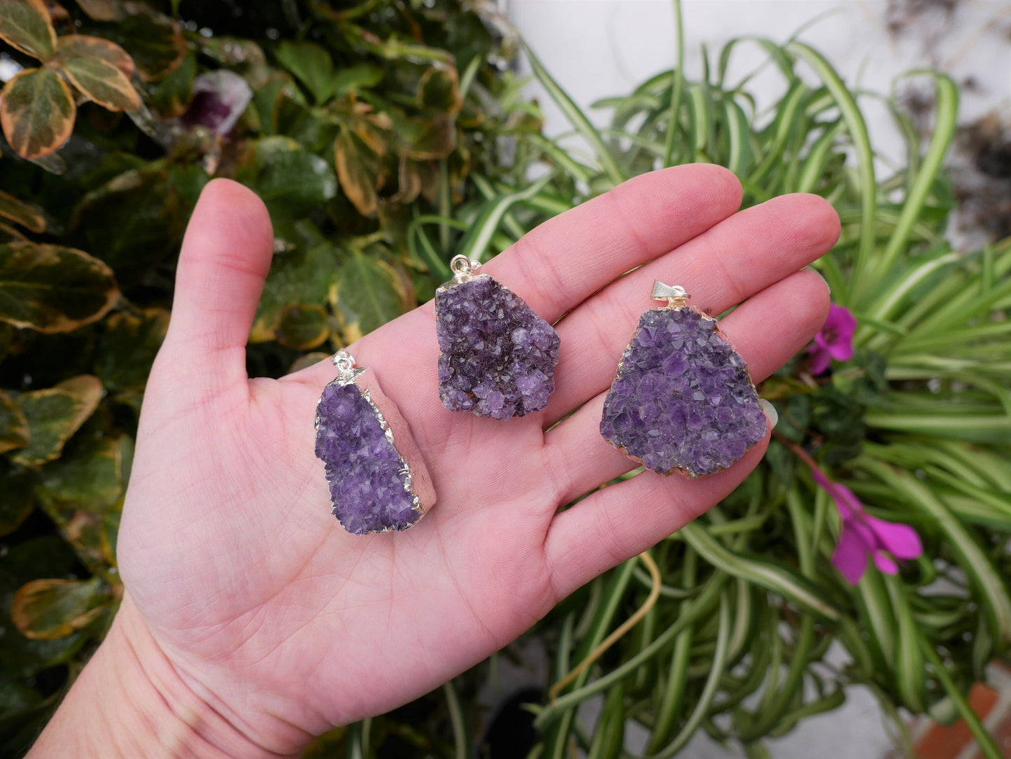 AMETHYST Druzy Sterling Silver Rough Stone Pendant - REIKI MASTER